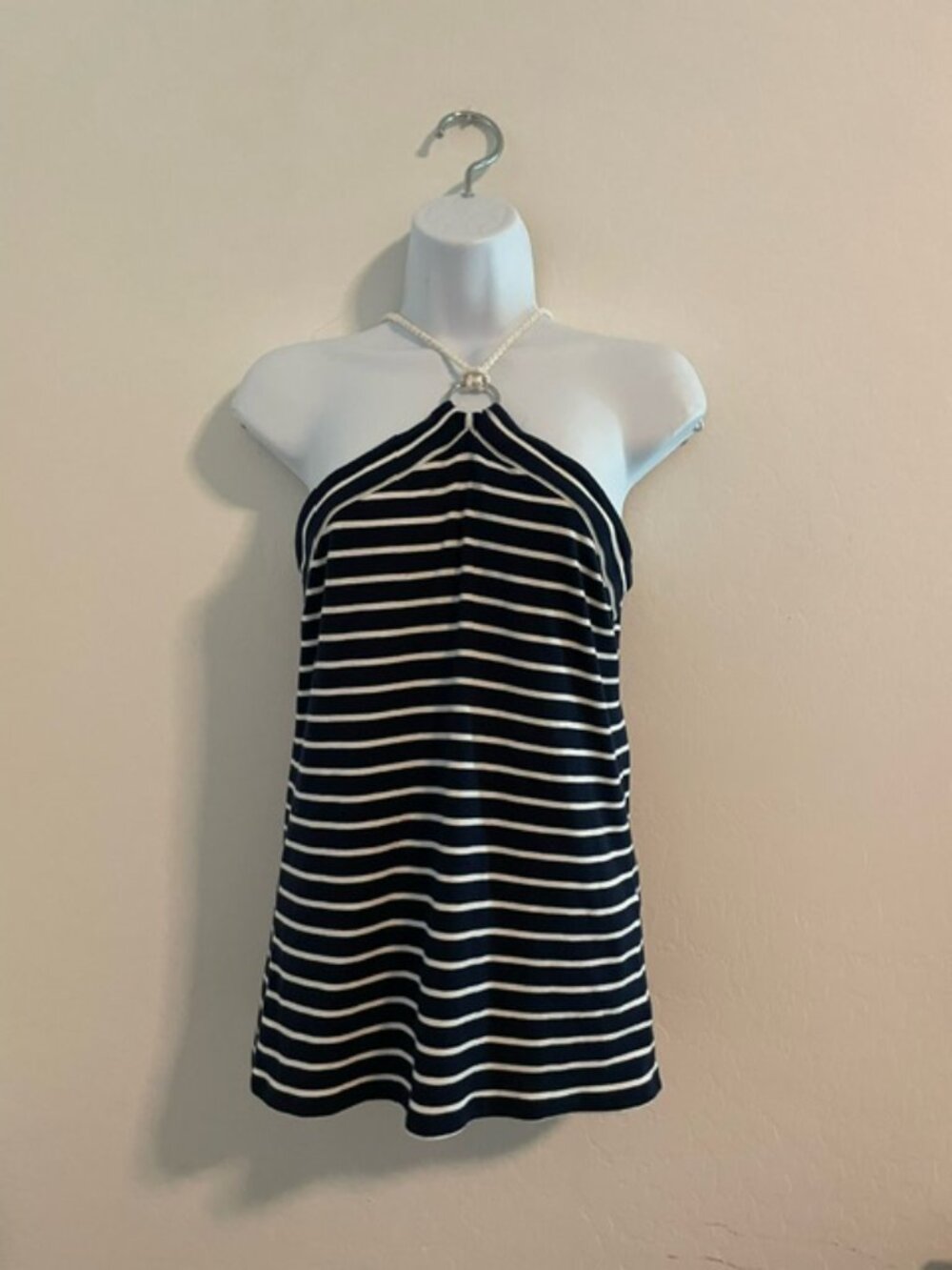 CHAPS Women’s Navy White Halter Stripe Top M, nautical rope neckline EUC